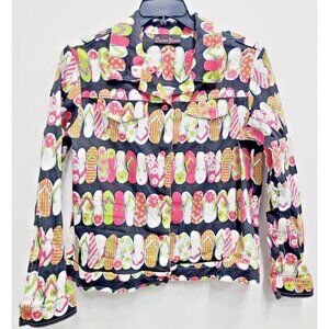 Vintage Cactus Flower Womens Denim Jacket Large Flip Flop Print Wearable Art